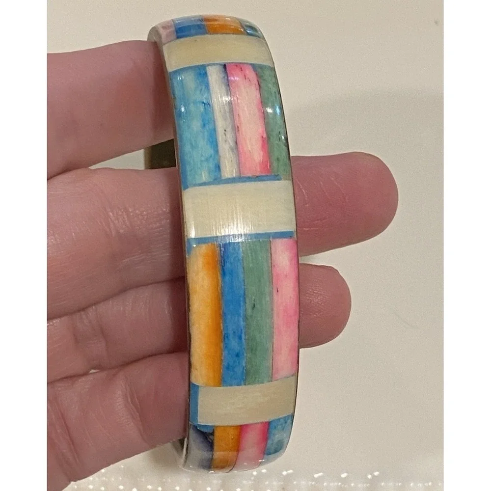 Vtg Colorful Mosaic Inlay 8 Inch Brass Bangle Bracelet 1970's Dyed Bovine Bone